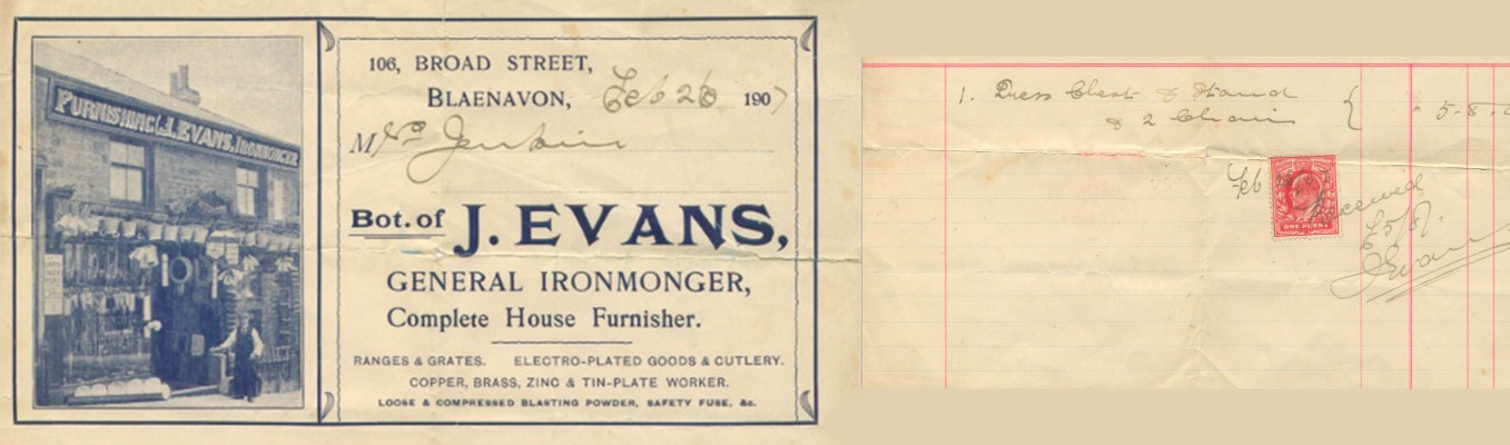 A receipt for items bought from Jacob Evans, Ironmonger, 106 Broad Street (1907) - Acknowledgement: Blaenavon Community Museum